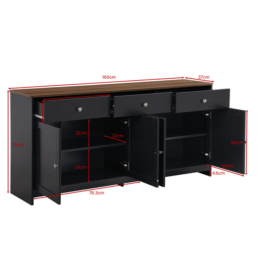Aparador para sala de estar - 4 portas e 3 gavetas - aglomerado de partÃculas - Preto cinzento Aparador para sala de estar - 4 portas e 3 gavetas - aglomerado de partÃculas - Preto cinzento