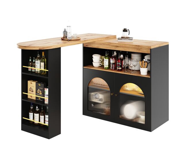 Aparador, mueble bar giratorio y retráctil con led - gran espacio de almacenamiento - estilo contemporáneo - negro
