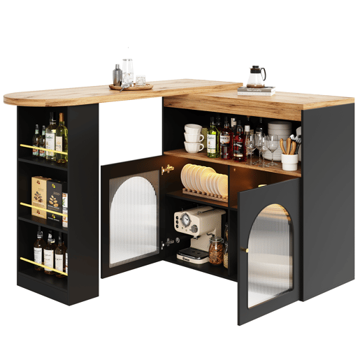 Aparador, armário de bar giratório e retrátil com LED - grande espaço de arrumação - estilo contemporâneo - Preto