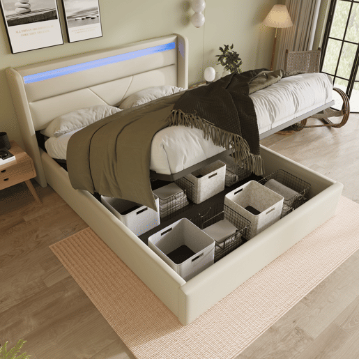 Cama de couro sintético de 140x200cm com LED - com estrado - Branco Cama de couro sintético de 140x200cm com LED - com estrado - Branco