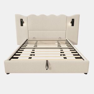 Cama contentora 180x200 cm em veludo cotelê - com luz de leitura e função de carregamento - com mola de caixa - Bege
