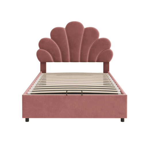 Cama para arrumação estofada em veludo - 90x200cm - cabeceira em forma de flor - com estrado de ripas - Vermelho