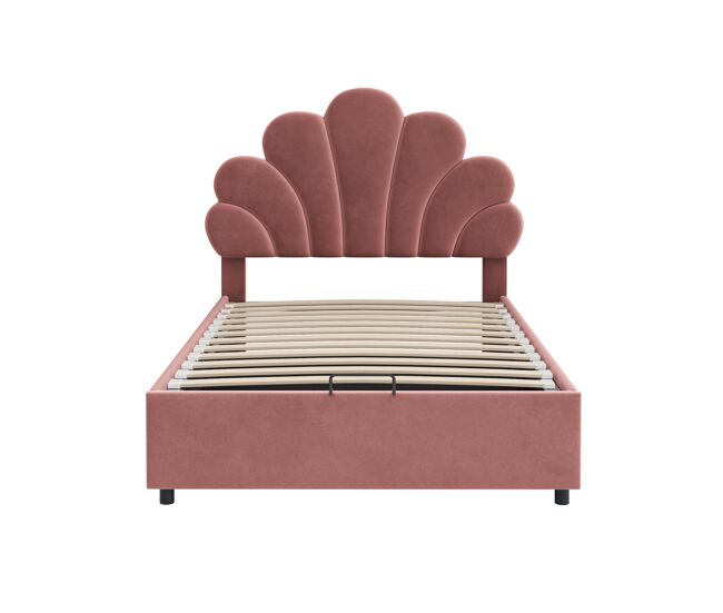 Cama con almacenaje acolchada de terciopelo - 90x200cm - cabecero en forma de flor - con somier de láminas - rojo