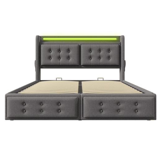 Cama em tecido de linho com arrumação 180x200 cm - com LED e portas de carregamento - Cinzento