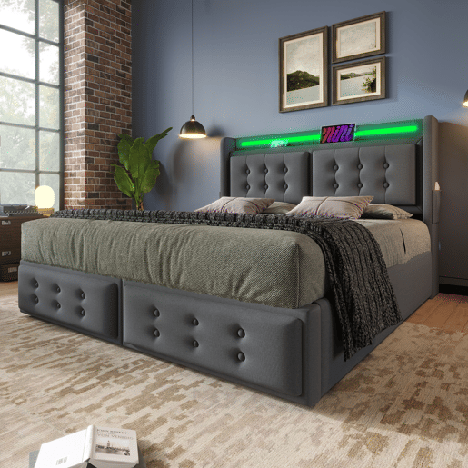 Cama em tecido de linho com arrumação 180x200 cm - com LED e portas de carregamento - Cinzento
