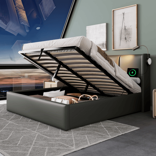 Cama para arrumação de roupa de cama 160x200 cm - com luzes de leitura e portas de carregamento USB - com estrado de ripas - Cinzento