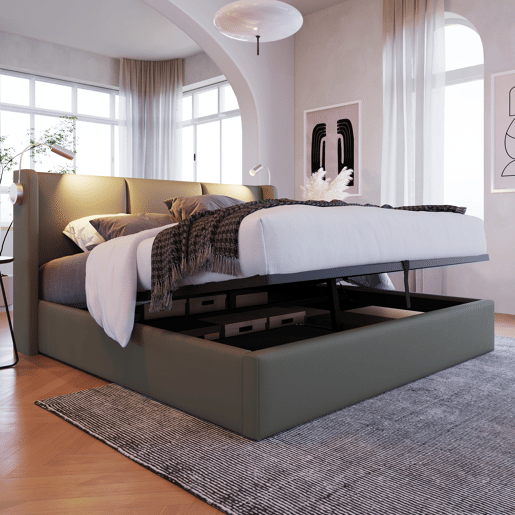Cama para arrumação de roupa de cama 160x200 cm - com luzes de leitura e portas de carregamento USB - com estrado de ripas - Cinzento