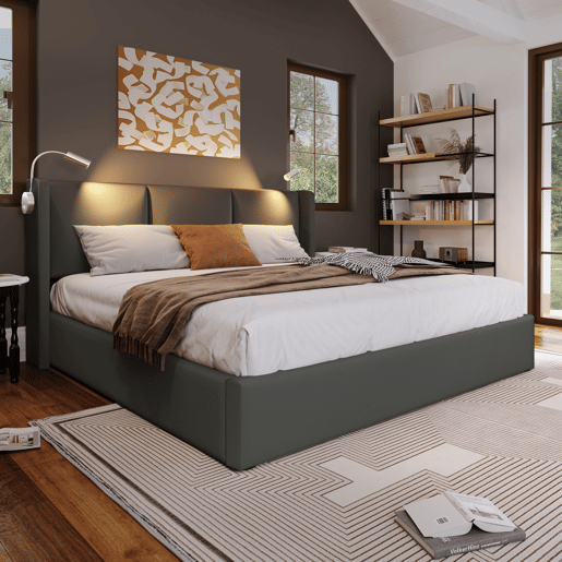 Cama para arrumação de roupa de cama 160x200 cm - com luzes de leitura e portas de carregamento USB - com estrado de ripas - Cinzento