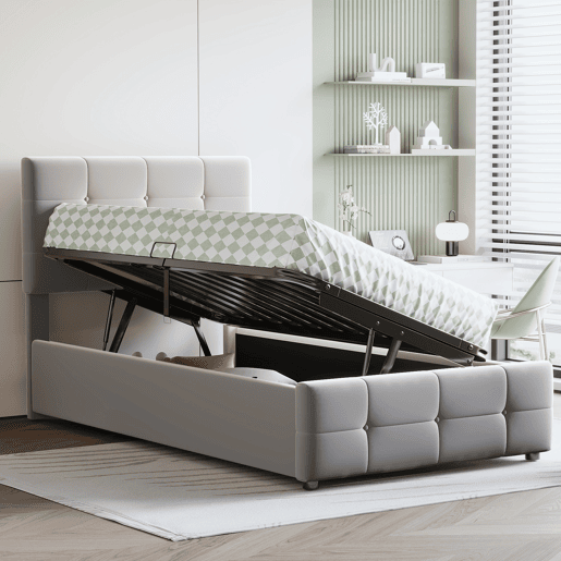 Cama contentor estofada em veludo 90x200cm - Cinzento