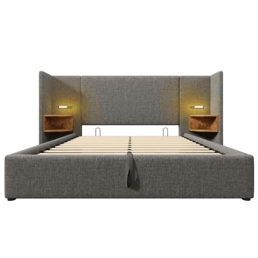 Cama contentora de linho 160x200 cm - 2 mesas de cabeceira com luz de leitura e função de carregamento - com estrado de molas - Cinzento