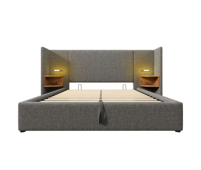 Cama contenedor de lino de 160x200 cm - 2 mesitas de noche con luz de lectura y función de carga - con somier - gris