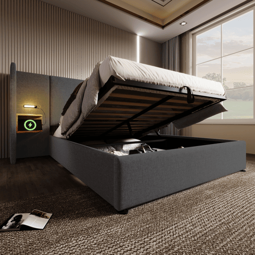 Cama contentora de linho 160x200 cm - 2 mesas de cabeceira com luz de leitura e função de carregamento - com estrado de molas - Cinzento