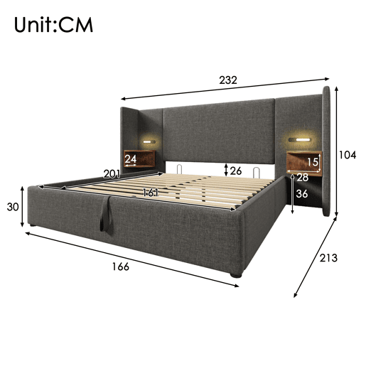 Cama contentora de linho 160x200 cm - 2 mesas de cabeceira com luz de leitura e função de carregamento - com estrado de molas - Cinzento