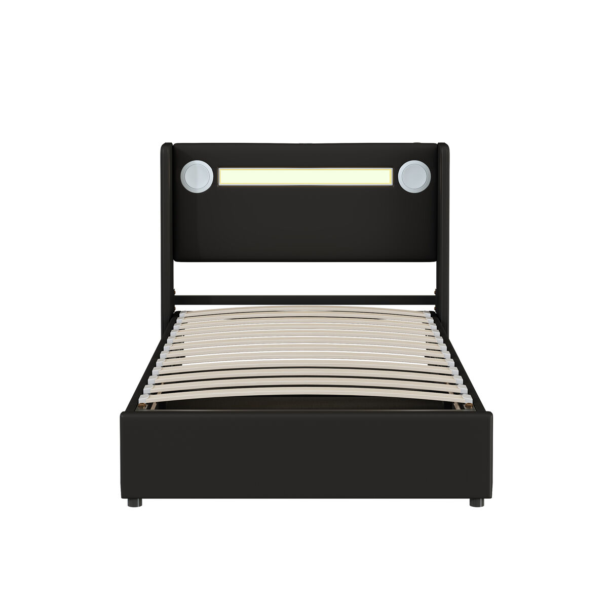 cama contenedor tapizada en piel sintetica de 90x200 cm con led reproductor bluetooth y puertos de carga usb - con somier - negro