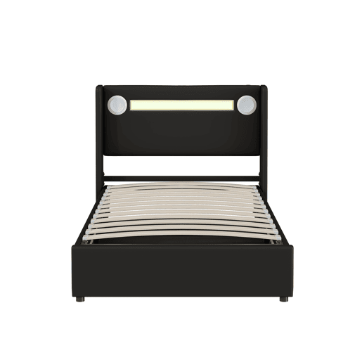 Cama contentora estofada em pele 90x200 cm com LED, leitor Bluetooth e portas de carregamento USB - com estrado de molas - Preto