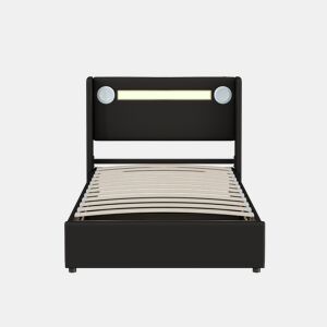 Cama contentora estofada em pele 90x200 cm com LED, leitor Bluetooth e portas de carregamento USB - com estrado de molas - Preto