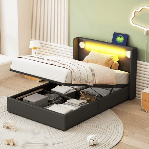 Cama contentora estofada em pele 90x200 cm com LED, leitor Bluetooth e portas de carregamento USB - com estrado de molas - Preto
