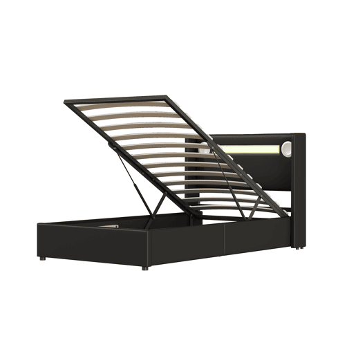 Cama contentora estofada em pele 90x200 cm com LED, leitor Bluetooth e portas de carregamento USB - com estrado de molas - Preto