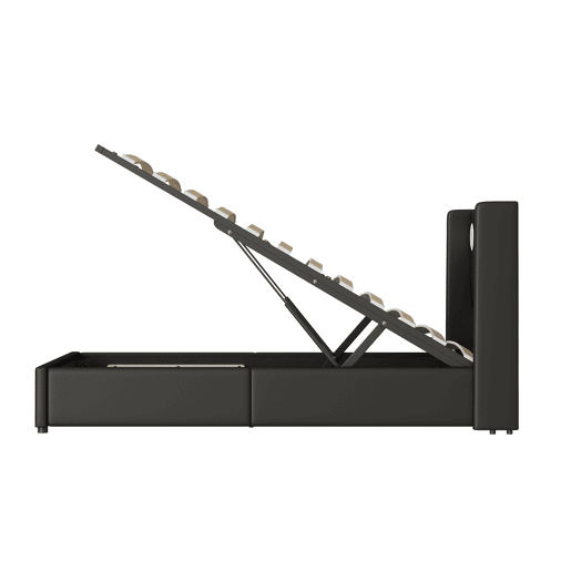 Cama contentora estofada em pele 90x200 cm com LED, leitor Bluetooth e portas de carregamento USB - com estrado de molas - Preto