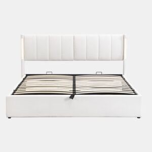 Cama contentora estofada em pele sintética - 160x200 cm - com porta USB e LED - cabeceira de ângulo ajustável - Branco