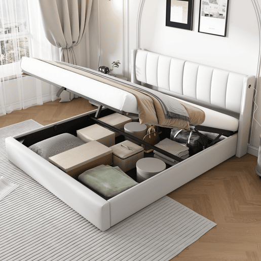 Cama contentora estofada em pele sintética - 160x200 cm - com porta USB e LED - cabeceira de ângulo ajustável - Branco