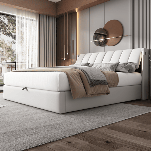 Cama contentora estofada em pele sintética - 160x200 cm - com porta USB e LED - cabeceira de ângulo ajustável - Branco