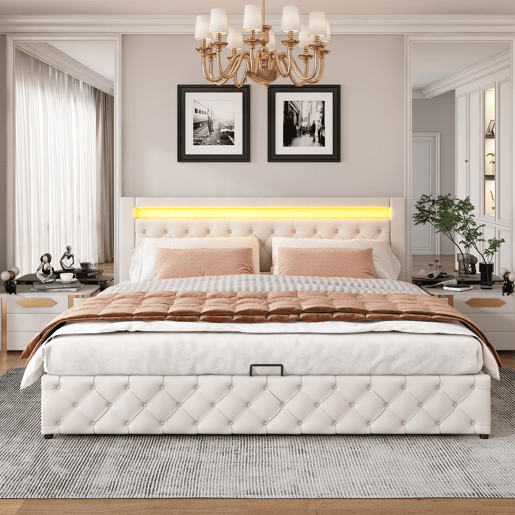 Cama contentora estofada em pele sintética com LED - 180x200 cm - com estrado - Branco