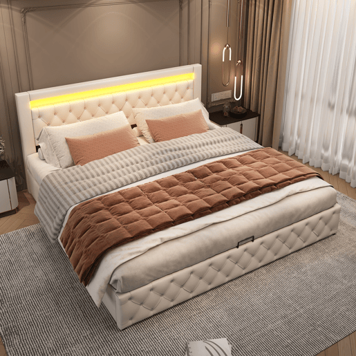 Cama contentora estofada em pele sintética com LED - 180x200 cm - com estrado - Branco