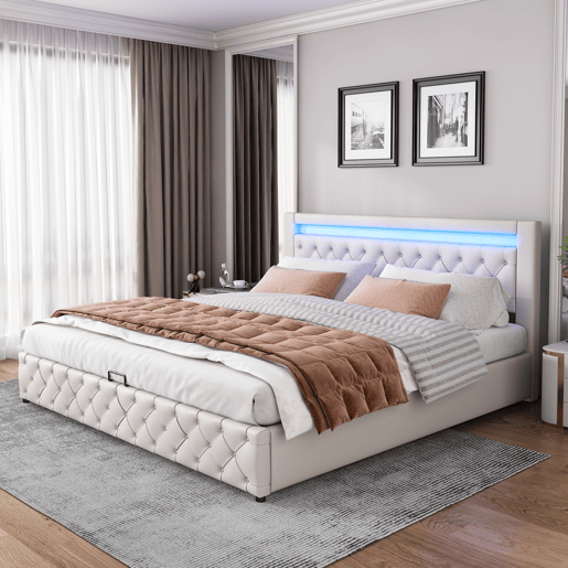 Cama contentora estofada em pele sintética com LED - 180x200 cm - com estrado - Branco