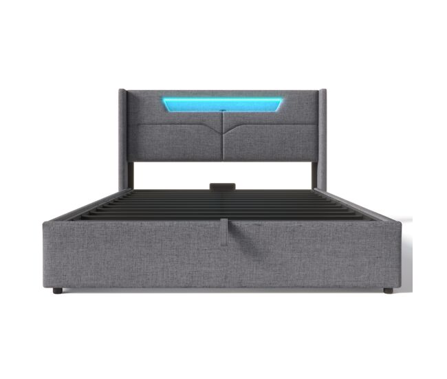 Cama contenedor 160x200cm tapizada en tela de lino - con led y puertos de carga - con somier - gris
