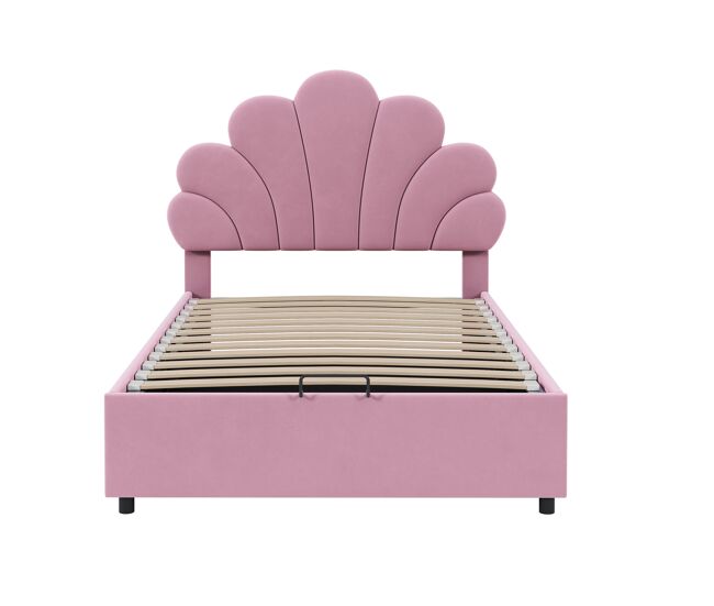 Cama con almacenaje tapizada en terciopelo - 90x200cm - cabecero de flores - somier de láminas - rosa
