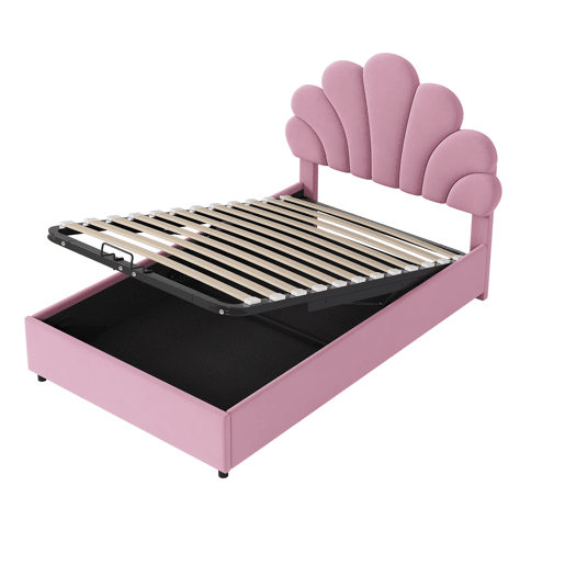Cama estofada em veludo com arrumação - 90x200cm - Cabeceira em flor - Estrado de ripas - Rosa