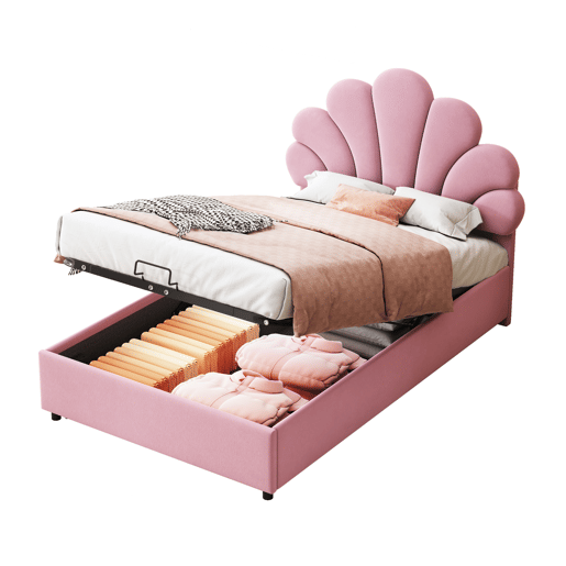 Cama estofada em veludo com arrumação - 90x200cm - Cabeceira em flor - Estrado de ripas - Rosa