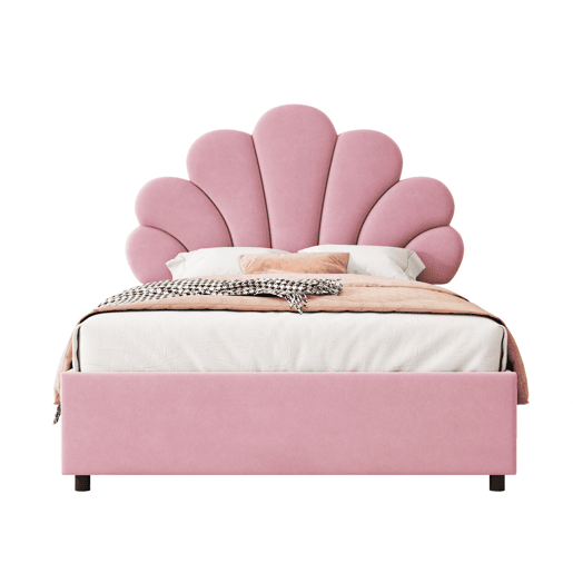 Cama estofada em veludo com arrumação - 90x200cm - Cabeceira em flor - Estrado de ripas - Rosa