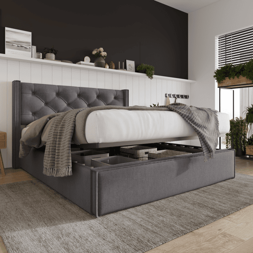 Cama contentora estofada 160x200 cm em tecido de algodão - com estrado de ripas - Cinzento