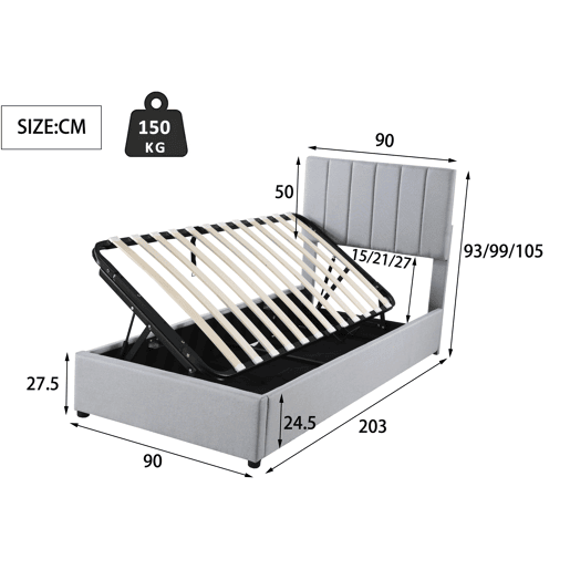 Cama estofada em linho com arrumação - 90x200 cm - Cinzento