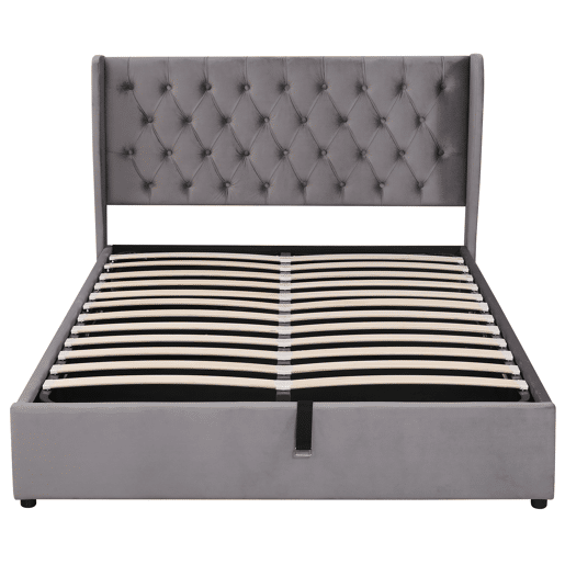 Cama de contentor estofada em veludo 140x200 cm com estrado de ripas - Cinzento