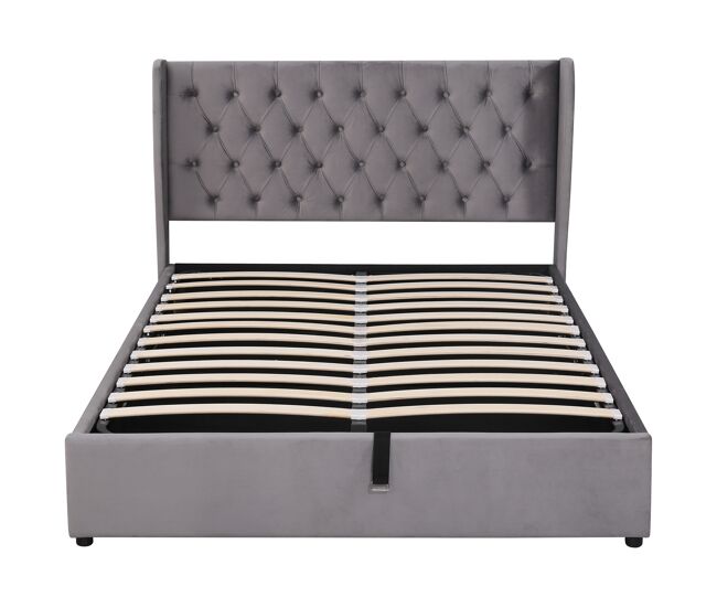Cama contenedor acolchada de terciopelo 140x200 cm con somier de láminas - gris