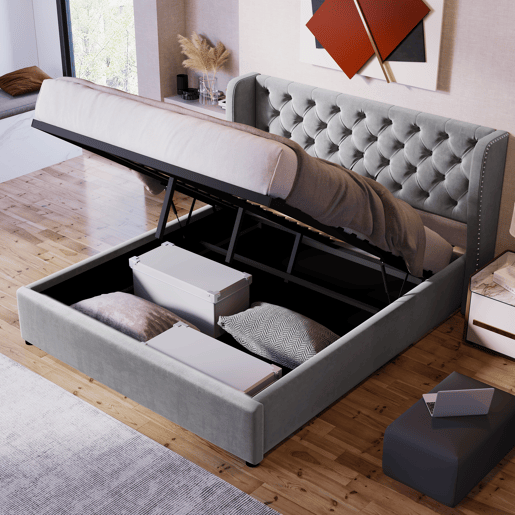 Cama de contentor estofada em veludo 140x200 cm com estrado de ripas - Cinzento