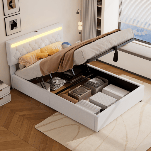Cama estofada 140x200 cm - luz LED, elevável, USBTipo C, arrumação - branca