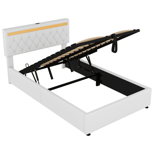 Cama estofada 140x200 cm - luz LED, elevável, USBTipo C, arrumação - branca