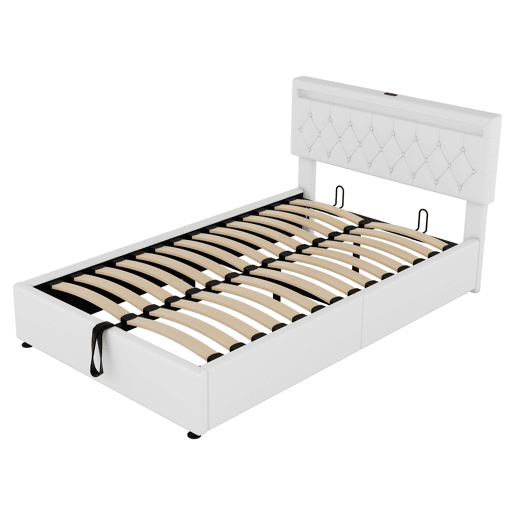 Cama estofada 140x200 cm - luz LED, elevável, USBTipo C, arrumação - branca