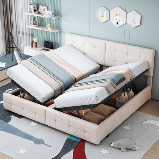 Cama contentora estofada 180x200cm em veludo - convertível em 2 camas individuais - Bege