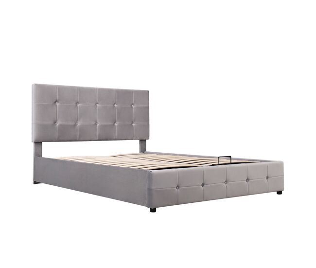 Cama con almacenaje tapizada - 140x200cm - tela de terciopelo - cabecero ajustable con diseño de bloques - gris