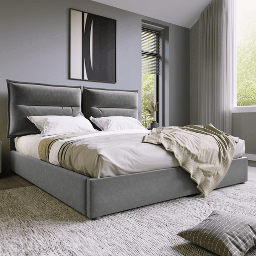 Cama de contentor estofada em veludo 140x200 cm com cabeceira regulável e estrado de ripas - Cinzento