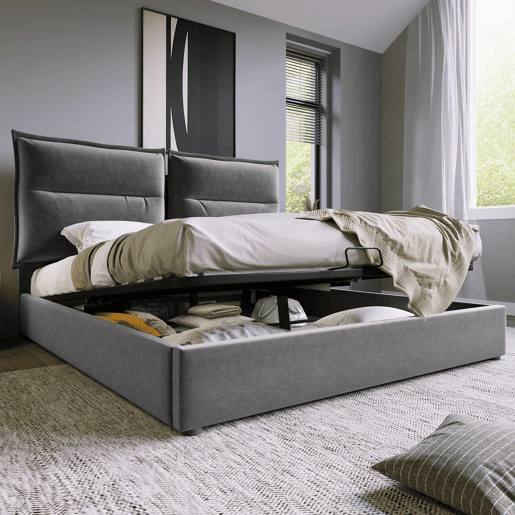 Cama de contentor estofada em veludo 140x200 cm com cabeceira regulável e estrado de ripas - Cinzento