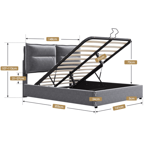 Cama de contentor estofada em veludo 140x200 cm com cabeceira regulável e estrado de ripas - Cinzento