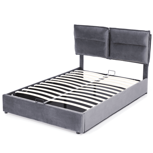 Cama de contentor estofada em veludo 140x200 cm com cabeceira regulável e estrado de ripas - Cinzento