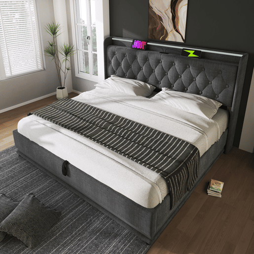 Cama para arrumação de roupa de cama 160x200 cm - com LED, USB e tomadas C - Cinzento