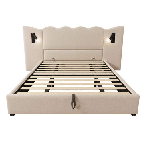 Cama para arrumação de roupa de cama 180x200 cm - com luz de leitura e função de carregamento - com estrado de ripas - Bege